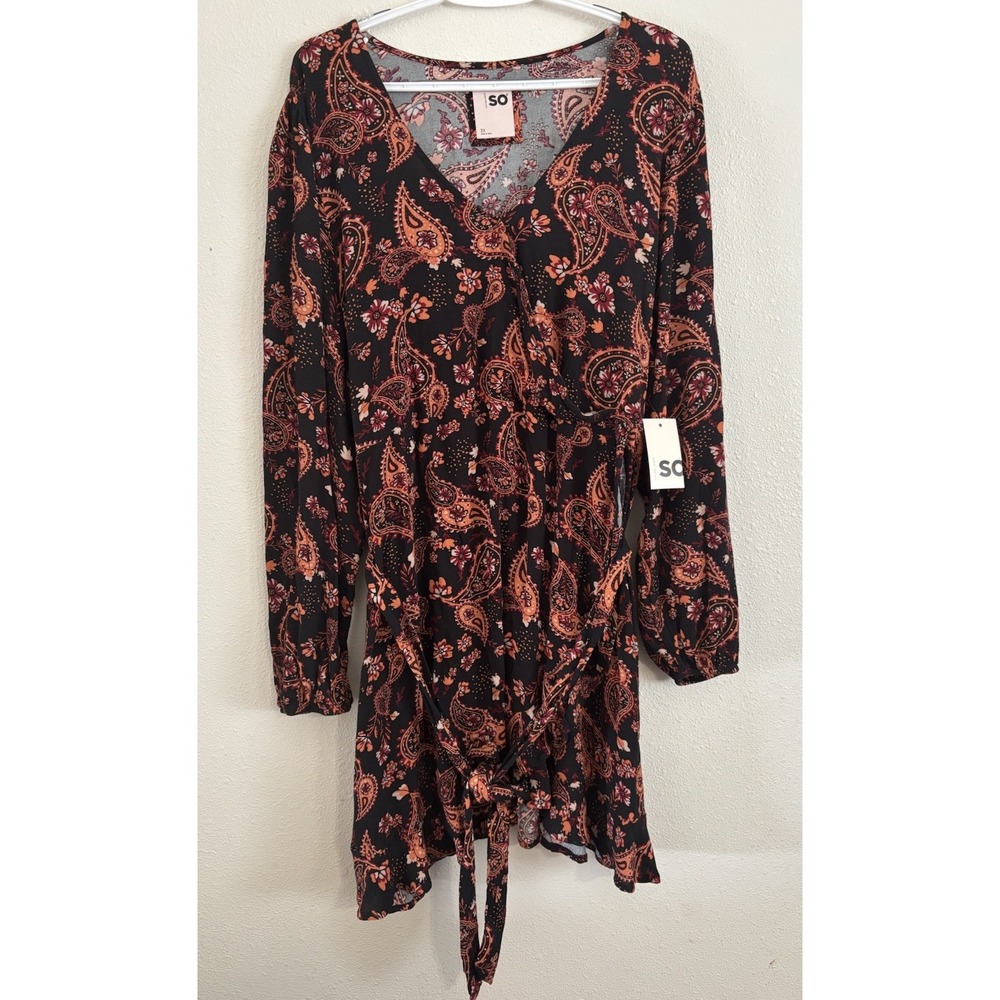 SO Goods For Life Dress 2X Black Paisley Floral Faux Wrap Ruffle Hem NWT